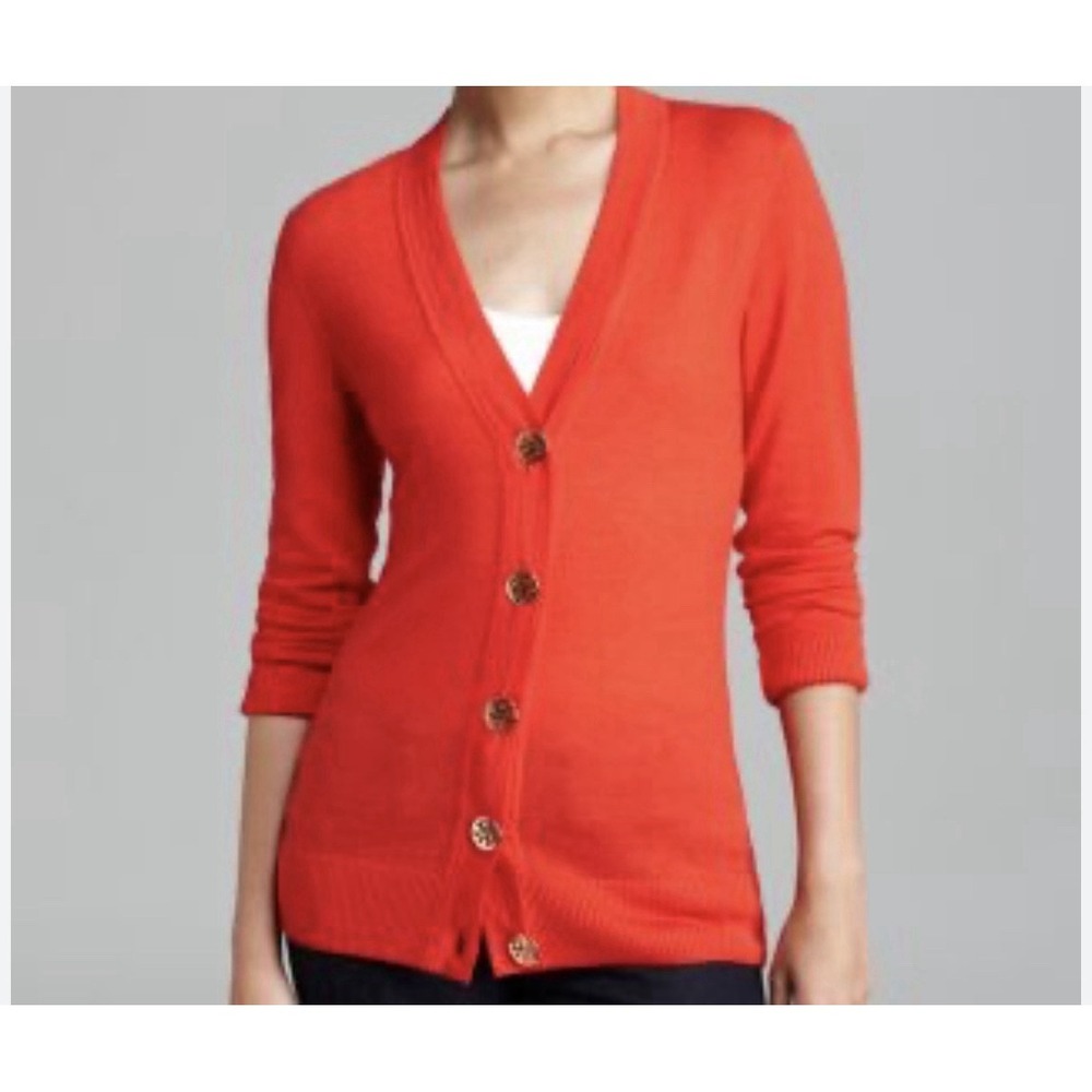 Tory Burch Lightweight Simone Cardigan Orange‎ 100% Wool Size XS Elevated Luxury